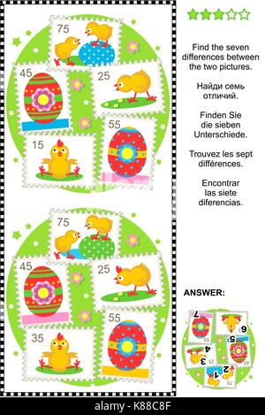 Puzzle: die sieben Unterschiede zwischen den beiden Bildern mit Ostern und Frühling themed Briefmarken - bemalte Eier, Küken, erste Blumen finden