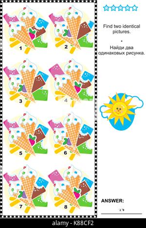 Visuelle Rätsel: zwei identische Bilder von Eisdielen und Kegel finden. Antwort enthalten. Stock Vektor