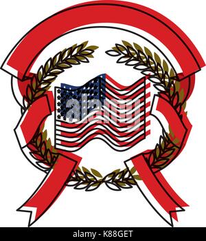 United States flag innerhalb des Kreises der Olivenzweige und Farbband Interlace in farbenfrohen Aquarell Silhouette Stock Vektor