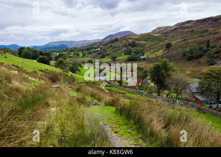 Blick auf Hill Farm und die Landschaft im Cwm Croesor grüne Tal in Snowdonia National Park. Croesor, Gwynedd, Wales, Großbritannien, Großbritannien Stockfoto