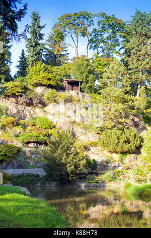 Frische grüne Vegetation mit Blumen und Rock im Park in der Nähe von Pruhonice Prag, Tschechische Republik in sonnigen Tag Stockfoto