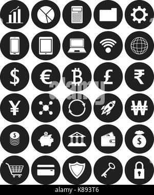 Vektor einfach zu bedienende 30 weißen flachen Symbole mit mehreren Währungen auf schwarze Kreise, die in der Technologie, Übertragung, Banking, und speichern Stock Vektor