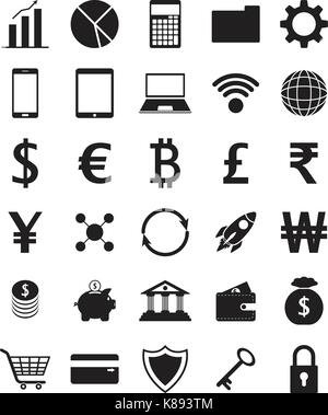 Vektor einfach zu - 30 schwarze fintech Flachbild-Symbole mit mehreren Währungen auf weißem Hintergrund, die in der Technologie, Speichern, Übertragen Stock Vektor