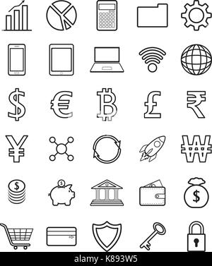 Vektor einfach zu bedienende 30 fintech Zeile für Symbole mit mehreren Währungen auf weißem Hintergrund, die in der Technologie, Banking, Speichern, Übertragen Stock Vektor