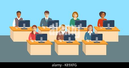 Geschäft Leute an den Tischen in einem Büro zu sitzen. Männer und Frauen in Anzügen, die zusammen arbeiten. Business Team Konzept. Flache vector Hintergrund. Horiz. Stock Vektor