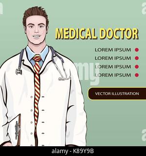 Medizinische Banner, vector Hintergrund mit männlicher Arzt ständigen Vorderseite, Cartoon portrait Drei viertel Männer Arzt, gemalte menschliche in einem medizinischen Dres Stock Vektor