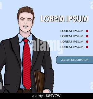 Business mann Banner, vector Hintergrund, die mit der Verwaltung von ständigen Vorderseite, Cartoon multicolor Portrait drei Viertel, lackiert menschlichen in Anzug mit Krawatte Stock Vektor