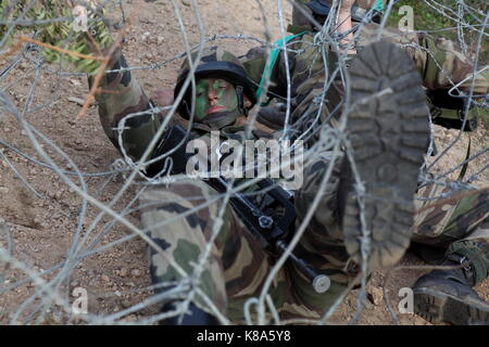 Ein Legionär aus dem 2 REP (2. Ausländische Paratroop Regiment) lernt, wie Stacheldraht während eines städtischen bekämpfen Übung in Fraseli, Korsika zu navigieren auf Stockfoto