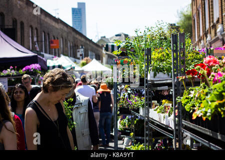 Touristen und Einheimische drängeln für Platz unter den Pflanzen an der Columbia Road Blumenmarkt Stockfoto
