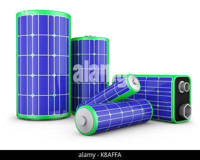 Eine Gruppe von Akkus mit Solarzellen auf einem weißen Hintergrund. Das Konzept der sauberen Energie. 3D-Rendering. Stockfoto