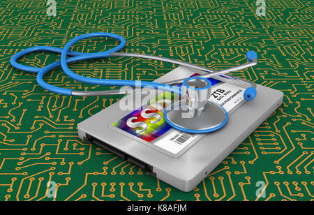 Festplatte Typ ssd und Stethoskop. 3D-Rendering. Stockfoto