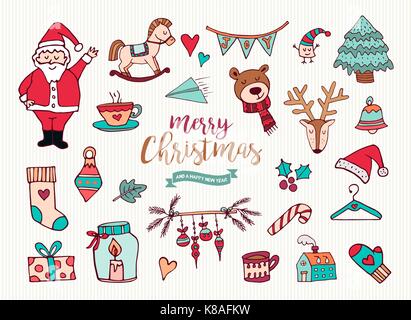 Frohe Weihnachten Frohes Neues Jahr süße Festliche cartoon Sammlung. Satz von Hand gezeichnet Urlaub Dekoration, mit Santa Claus, Weihnachtsgeschenk und Hirsche Stock Vektor