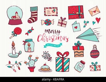 Frohe Weihnachten Frohes Neues Jahr cartoon Sammlung. Satz von Hand gezeichnet Urlaub Ornamente, umfasst Xmas bauble Kugeln, Geschenkbox und Mistel. EP Stock Vektor