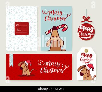 Frohe Weihnachten Hand gezeichnet Urlaub Vorlage mit cute puppy cartoon Abbildung. Umfasst xmas Tag, Label und Grußkarte. Stock Vektor