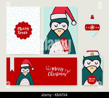 Frohe Weihnachten Grußkarten-Set mit niedlichen Pinguin in Santa hat Hand gezeichneten Karikatur. Mit holiday themed Vorlage, Tag und Label. EPS 10 Vektor. Stock Vektor