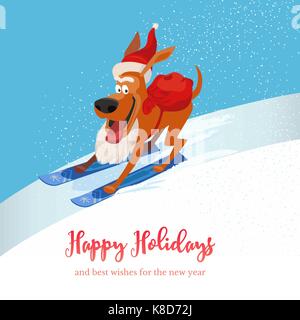 Welpe Haustier auf Bergski in Santa hat. Stock Vektor