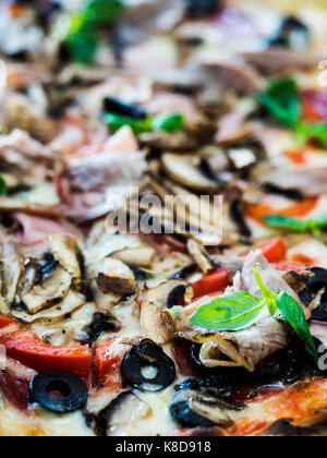 Pizza Palermo (Tomatensauce, Mozzarella, Schinken, Champignons, Oliven, Chili Peppers, Prosciutto Cotto, geräuchertes Rindfleisch, Salami) Stockfoto