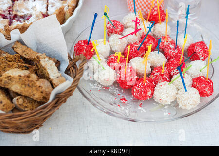 Hausgemachte Schokolade Bonbons Bälle mit Kakao, Kokosnuss, Beeren und gehackten Haselnüssen. Stockfoto