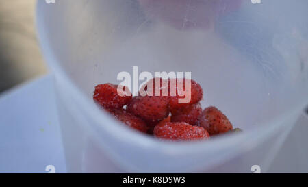 Gewürfelte Erdbeeren in einem metrischen Cup. Erdbeeren in einen Messbecher Stockfoto