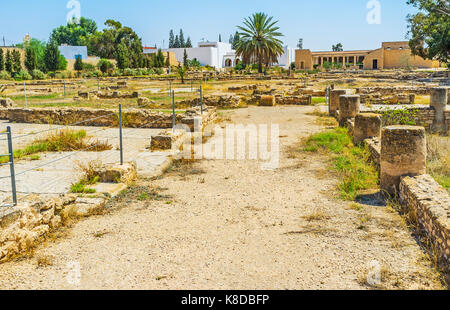 EL Djem, TUNESIEN - September 1, 2015: Das Gebiet der Open Air Museum mit archäologischen Ruinen der römischen Villen und Mosaiken, am 1. September i Stockfoto