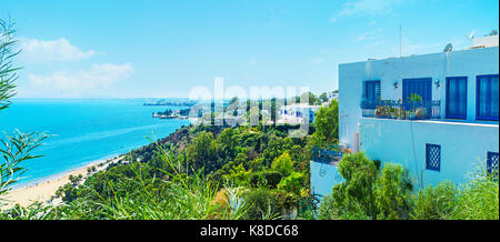 Der malerische Ferienort von Sidi Bou Said, das neben Tunis und bekannt unter den Reisenden, Tunesien. Stockfoto