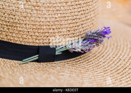 Twig von frischem Lila duftenden Lavendel in schwarzes Band auf Korb Stroh flaxen Hut gesteckt Stockfoto