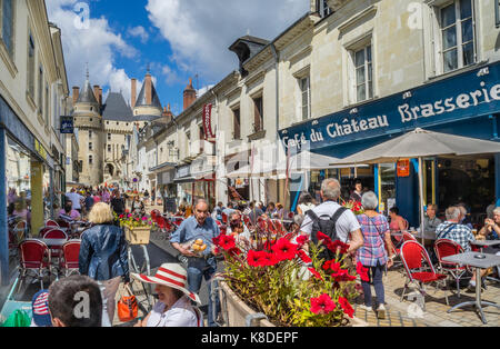 Frankreich, Indre-et-Loire, Touraine, belebten Rue Gambetta in Langeais in Richtung Ende der mittelalterlichen Château de Langeais Stockfoto