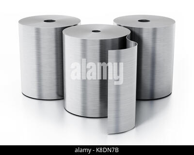 Aluminiumblech rollt auf weißem Hintergrund. 3D-Darstellung. Stockfoto