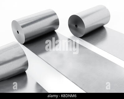 Aluminiumblech rollt auf weißem Hintergrund. 3D-Darstellung. Stockfoto