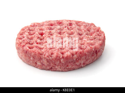 Frische rohe Burger patty isoliert auf weißem Stockfoto