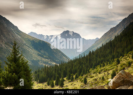 Kirgisistan. Schlucht Barskoon. Landschaft mit einem Stein im Vordergrund. Stockfoto