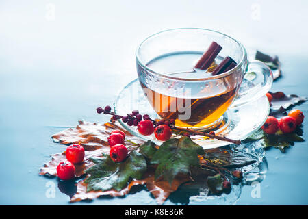 Glas Tasse Tee im Herbst noch Leben mit Regen, Blätter, Beeren auf einem nassen Hintergrund Stockfoto