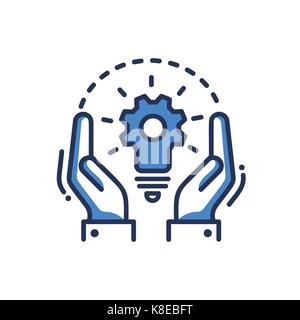 Konzept - moderne Vektor Single Line Design Symbol. Ein Bild mit zwei Händen, eine Kombination aus Zahnrad und die Glühbirne. Blaue Farbe auf weißem Hintergrund. Cre Stock Vektor