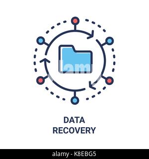 Data Recovery - moderne Vektor Single Line Design Symbol. Ein Bild von einem Ordner in einem Kreis aus Pfeilen und Punkten, roten und blauen Farben. Weißer Hintergrund Stock Vektor