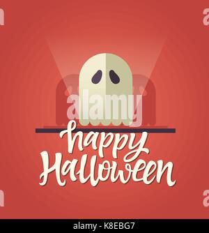 Happy Halloween - Feier Karte mit Kalligraphie Text und ein Geist mit unheimlichen Schatten. Hand, Pinsel, Stift Schriftzug gezogen. Weißer Text auf rotem Hintergrund. Stock Vektor