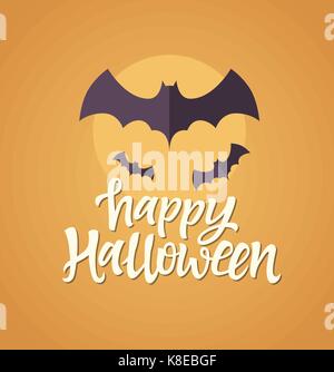 Happy Halloween - Feier Karte mit Kalligraphie text und Fledermäuse in einer Runde auf orangem Hintergrund. Hand, Pinsel, Stift Schriftzug gezogen. Perfekt als Poster, Stock Vektor