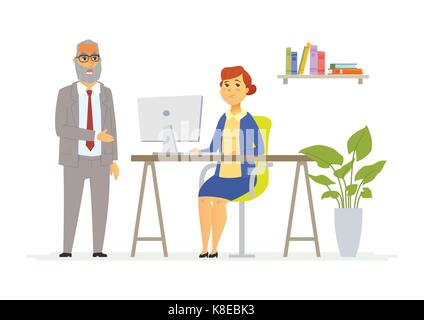 Haltbare Gespräch mit Chef - Moderne cartoon Menschen Zeichen Abbildung. Ein älterer Mann wütend Schreit entrüstet Mitarbeiter sitzen am Computer. Eine exa Stock Vektor