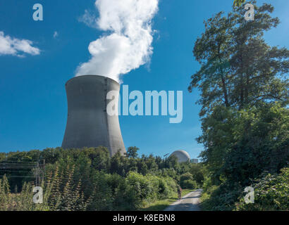Schweizer Kernkraftwerk Leibstadt am Rhein, Radweg am Rhein entlang der Route, Full-Reuenthal, Aargau, Schweiz Stockfoto