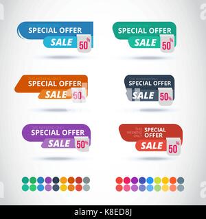Style Sticker und Banner Vorlage. Auf grauem Hintergrund. Leer für Ihren Text, Website und Projekt. Aufkleber design Vorlage. Bunte multipur Stock Vektor