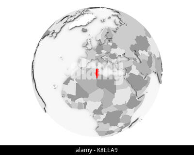 Tunesien hervorgehoben in Rot auf Grau politische Welt. 3D-Abbildung auf weißem Hintergrund. Stockfoto