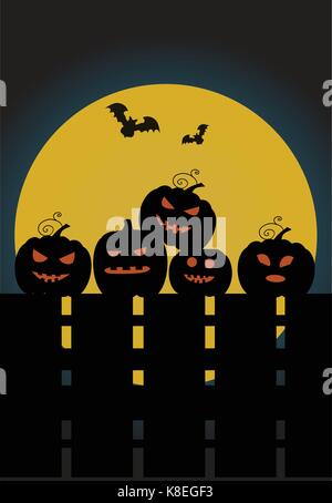 Halloween Kürbisse auf einem Zaun im Hintergrund des Mondes Stock Vektor