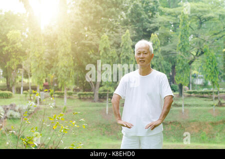 Portrait von Gesund graue Haare Asiatischen alter Mann Üben von Tai Chi bei outdoor Park am Morgen. Stockfoto