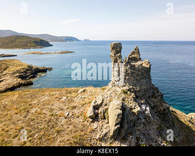 Luftaufnahme der Inseln Finocchiarola, Mezzana, Terra, Halbinsel von Cap Corse, Korsika. Tyrrhenische Meer, unbewohnte Inseln, die Teil des t Stockfoto