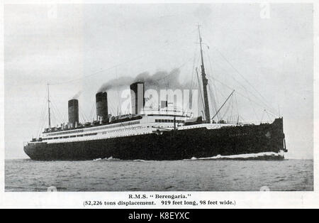 RMS Berengaria . Der Cunard-Liner Berengaria (ehemals SS Imperator) war das größte Passagierschiff der Welt.- Zwischen 1934 und 1938 fuhr das Schiff über Cherbourg auf der Strecke Southampton nach New York. Während der Jahre des US-Verbots wurde Berengaria für ermäßigte Prohibition-Dodging-Kreuzfahrten verwendet, die den Spitznamen „Schnäppchen-Gebiet“ zogen. Stockfoto