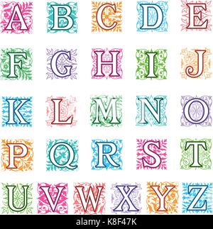 Bunte vektor Illustration einer vollständigen Alphabet Buchstaben in Großbuchstaben mit quadratischen Format dekorative Dekoration hinter jeder Großbuchstabe in Stock Vektor