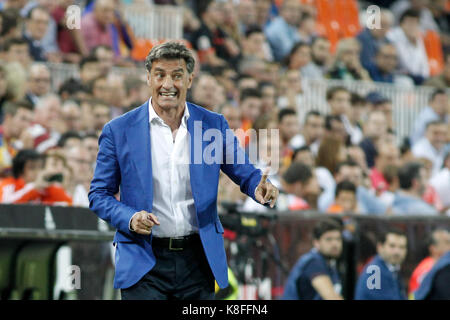 Valencia, Spanien. 19 Sep, 2017. Trainer Jose Miguel Gonzalez (Michel) von Málaga und Spanisch während der Santander Liga (Liga) im Stadium Mestalla zwischen Valencia CF und Malaga CF gespielt. September 19 2017. Quelle: AFP 7/Alamy leben Nachrichten Stockfoto