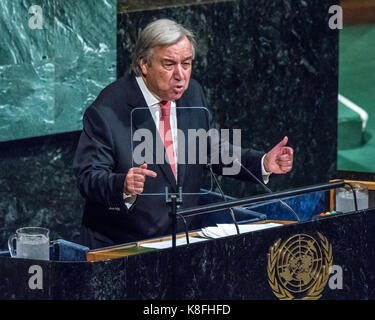 New York, USA. 19 Sep, 2017. Generalsekretär der Vereinten Nationen, Antonio Guterres, die Eröffnung der 72. Generalversammlung der Vereinten Nationen. Credit: Enrique Ufer/Alamy leben Nachrichten Stockfoto