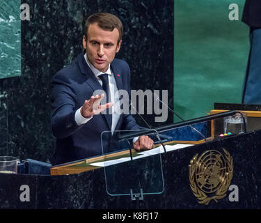 New York, USA. 19 Sep, 2017. Der französische Präsident Emmanuel Längestrich Adressen der Eröffnung der 72. Generalversammlung der Vereinten Nationen. Credit: Enrique Ufer/Alamy leben Nachrichten Stockfoto