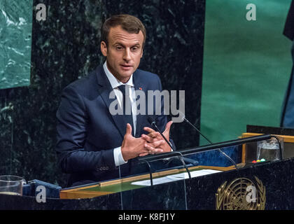 New York, USA. 19 Sep, 2017. Der französische Präsident Emmanuel Längestrich Adressen der Eröffnung der 72. Generalversammlung der Vereinten Nationen. Credit: Enrique Ufer/Alamy leben Nachrichten Stockfoto