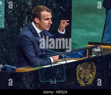 New York, USA. 19 Sep, 2017. Der französische Präsident Emmanuel Längestrich Adressen der Eröffnung der 72. Generalversammlung der Vereinten Nationen. Credit: Enrique Ufer/Alamy leben Nachrichten Stockfoto